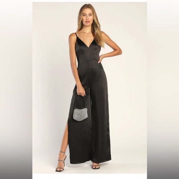 Lulus Pants - Lulu’s You're My Favorite Black Satin Slit Leg Jumpsuit